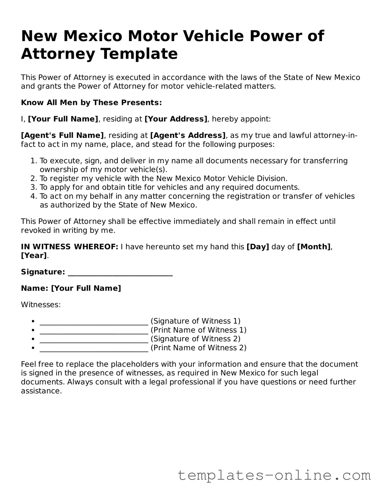 Valid  Motor Vehicle Power of Attorney Template for New Mexico