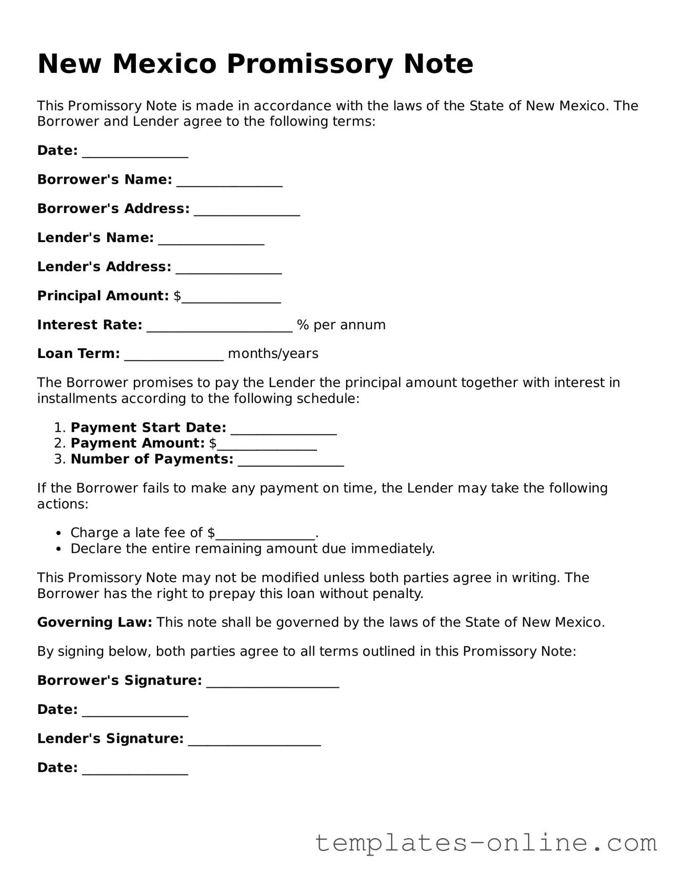 Valid  Promissory Note Template for New Mexico