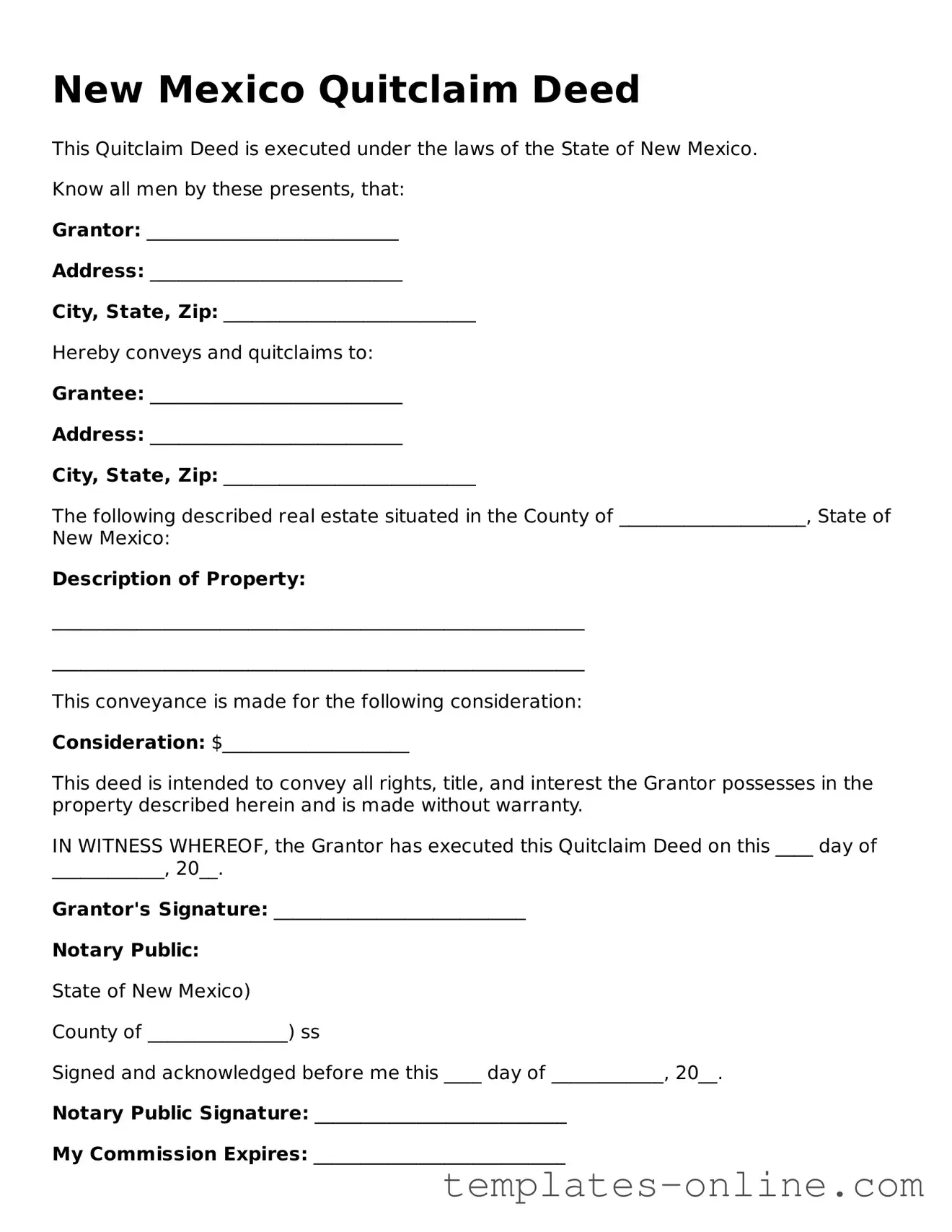 Valid  Quitclaim Deed Template for New Mexico