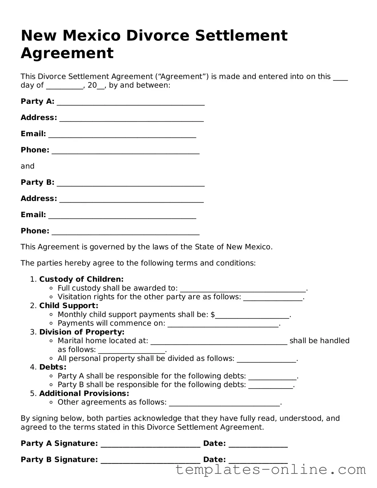 Valid  Divorce Settlement Agreement Template for New Mexico