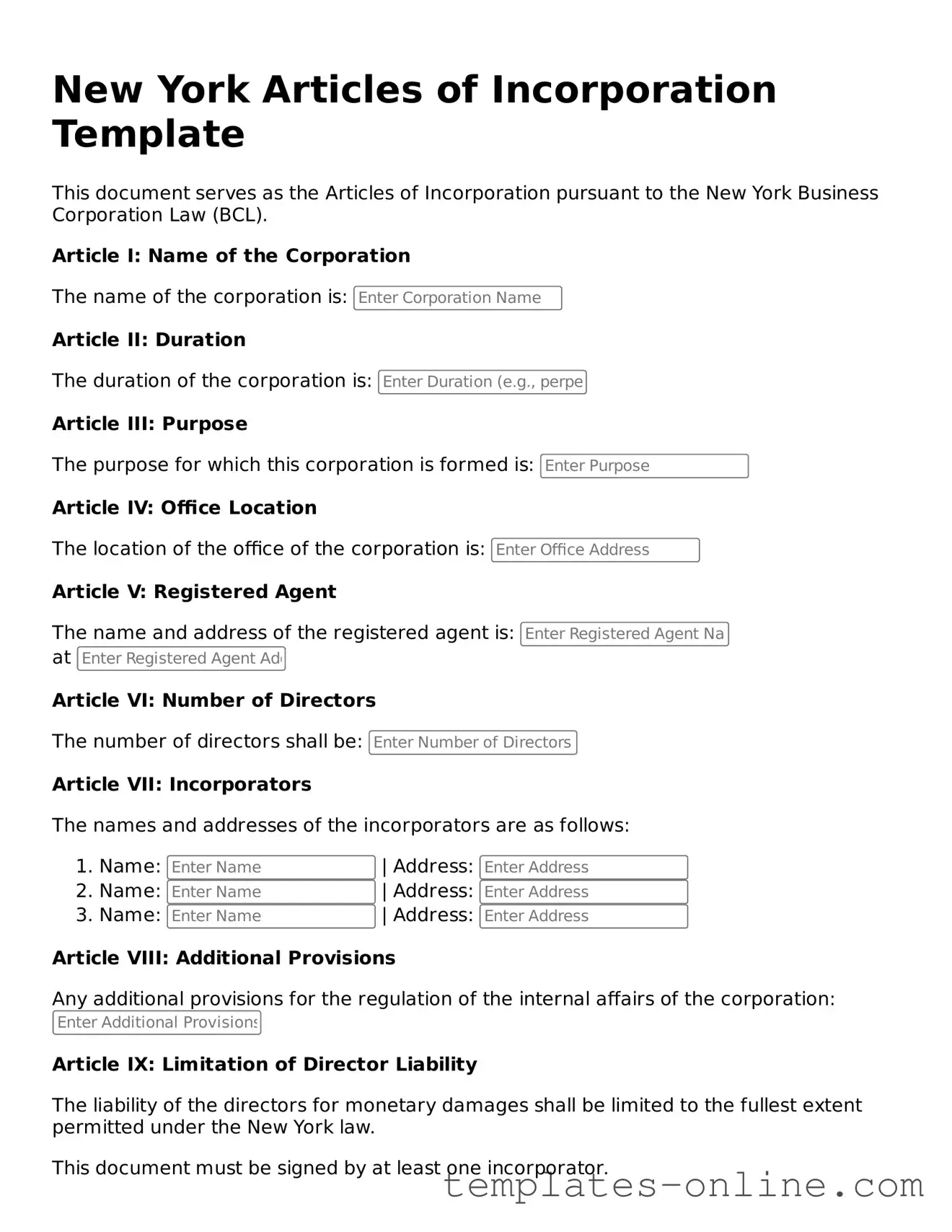 Valid  Articles of Incorporation Template for New York