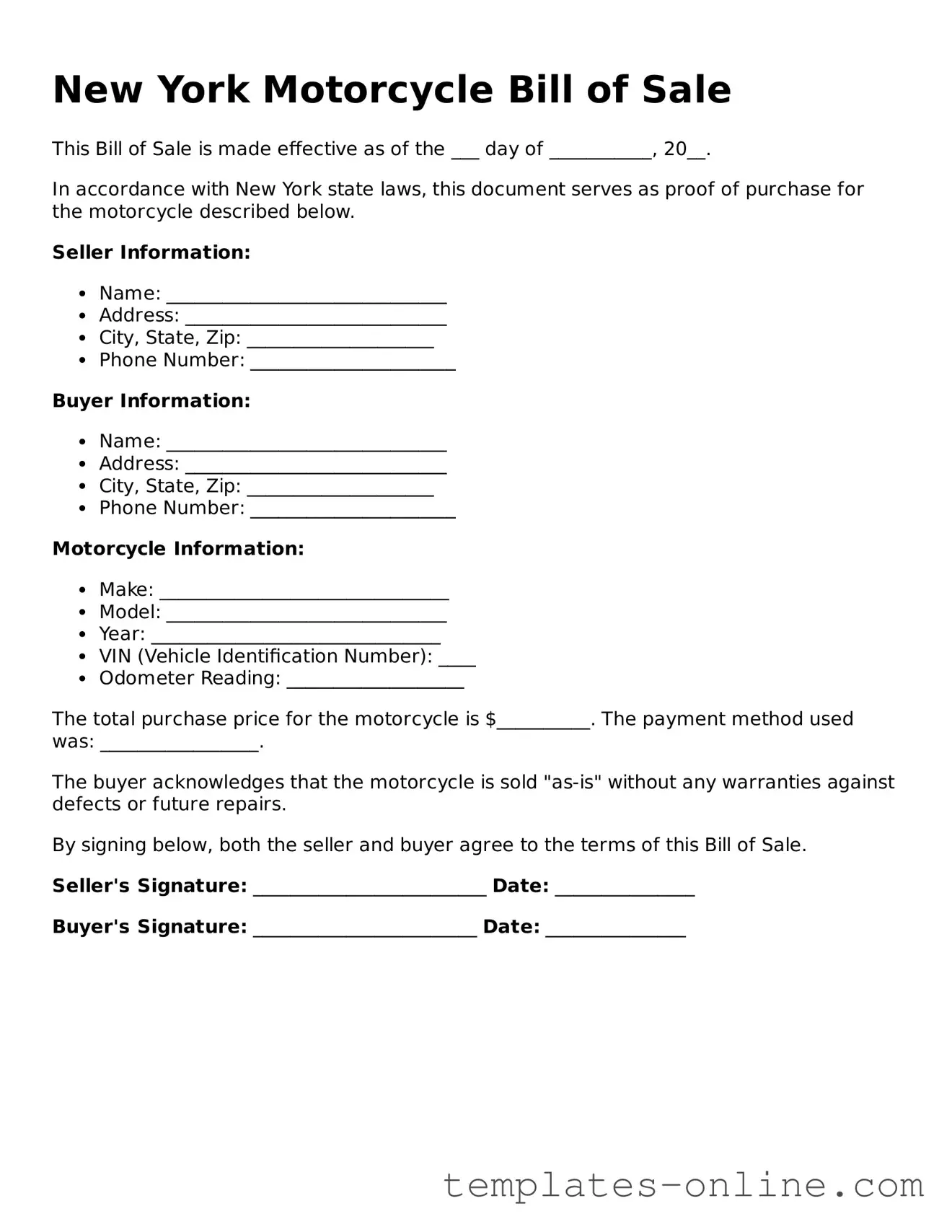 Valid  Motorcycle Bill of Sale Template for New York
