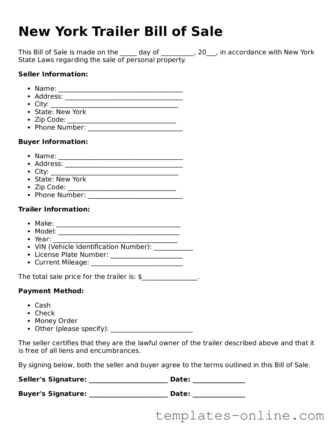 Valid  Trailer Bill of Sale Template for New York