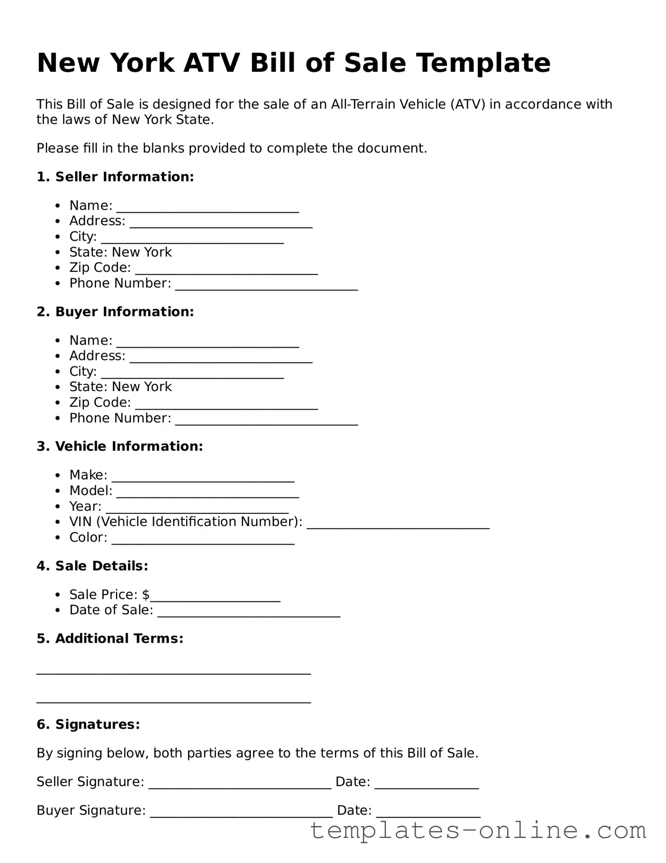 Valid  ATV Bill of Sale Template for New York