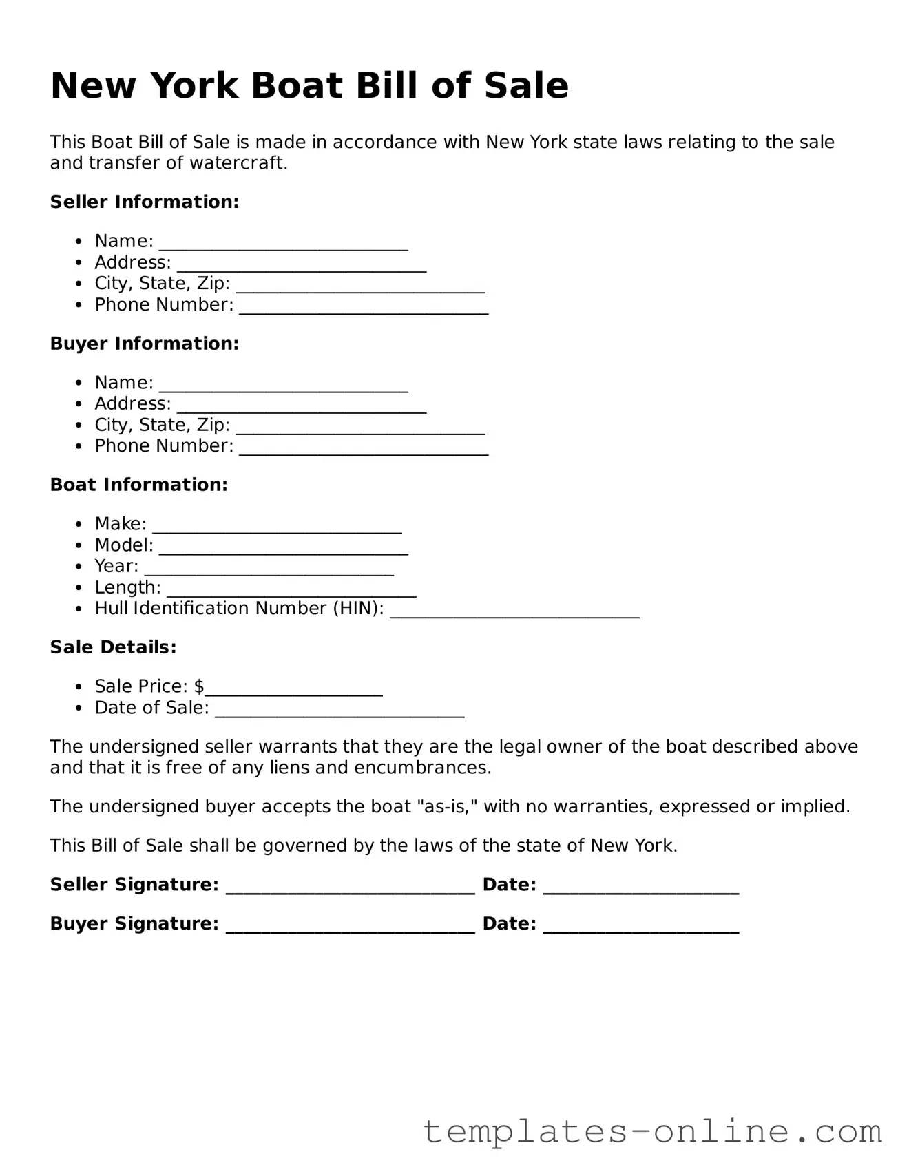 Valid  Boat Bill of Sale Template for New York
