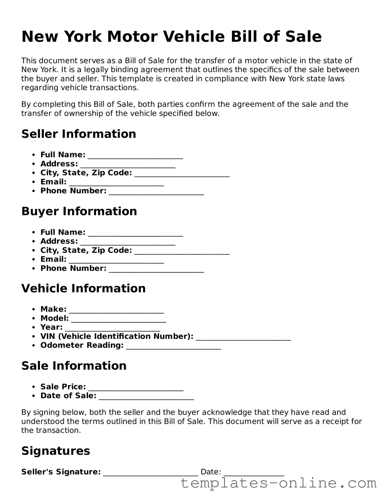 Valid  Motor Vehicle Bill of Sale Template for New York