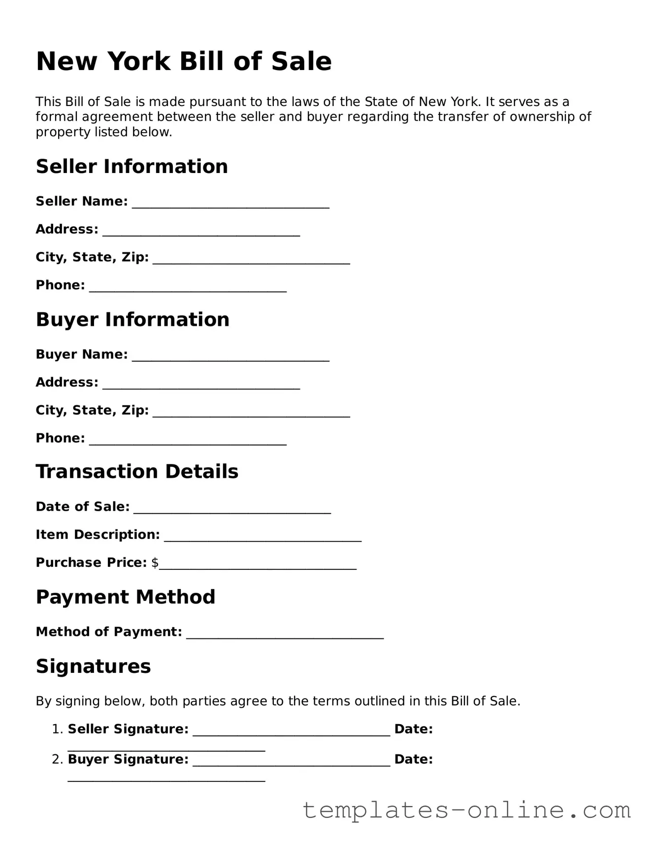 Valid  Bill of Sale Template for New York