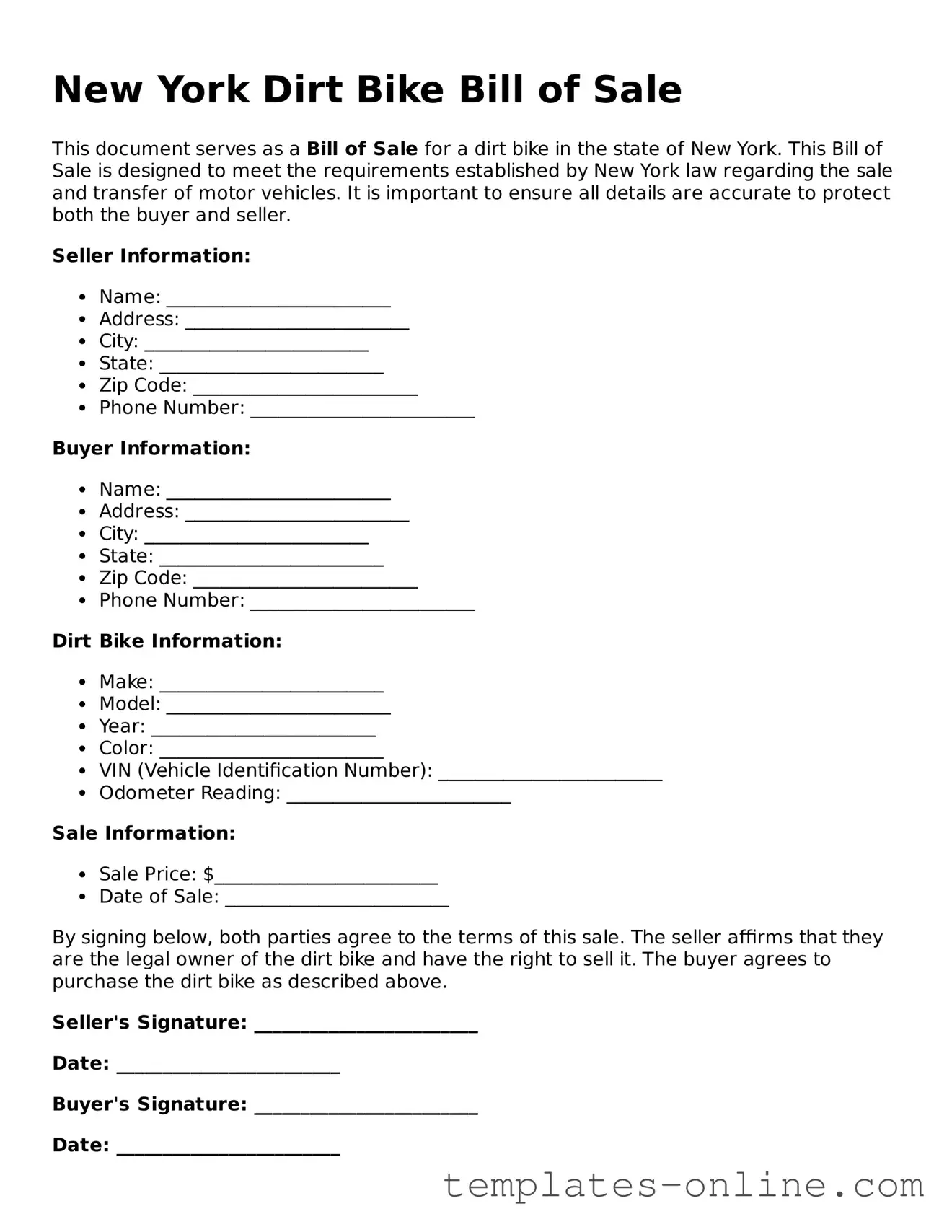 Valid  Dirt Bike Bill of Sale Template for New York