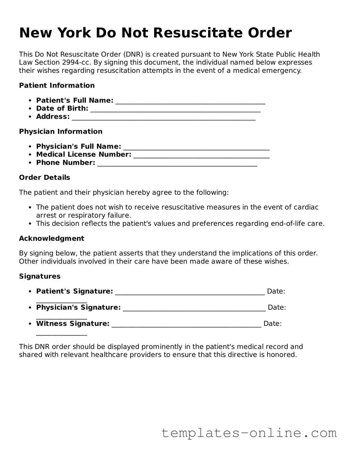 Valid  Do Not Resuscitate Order Template for New York