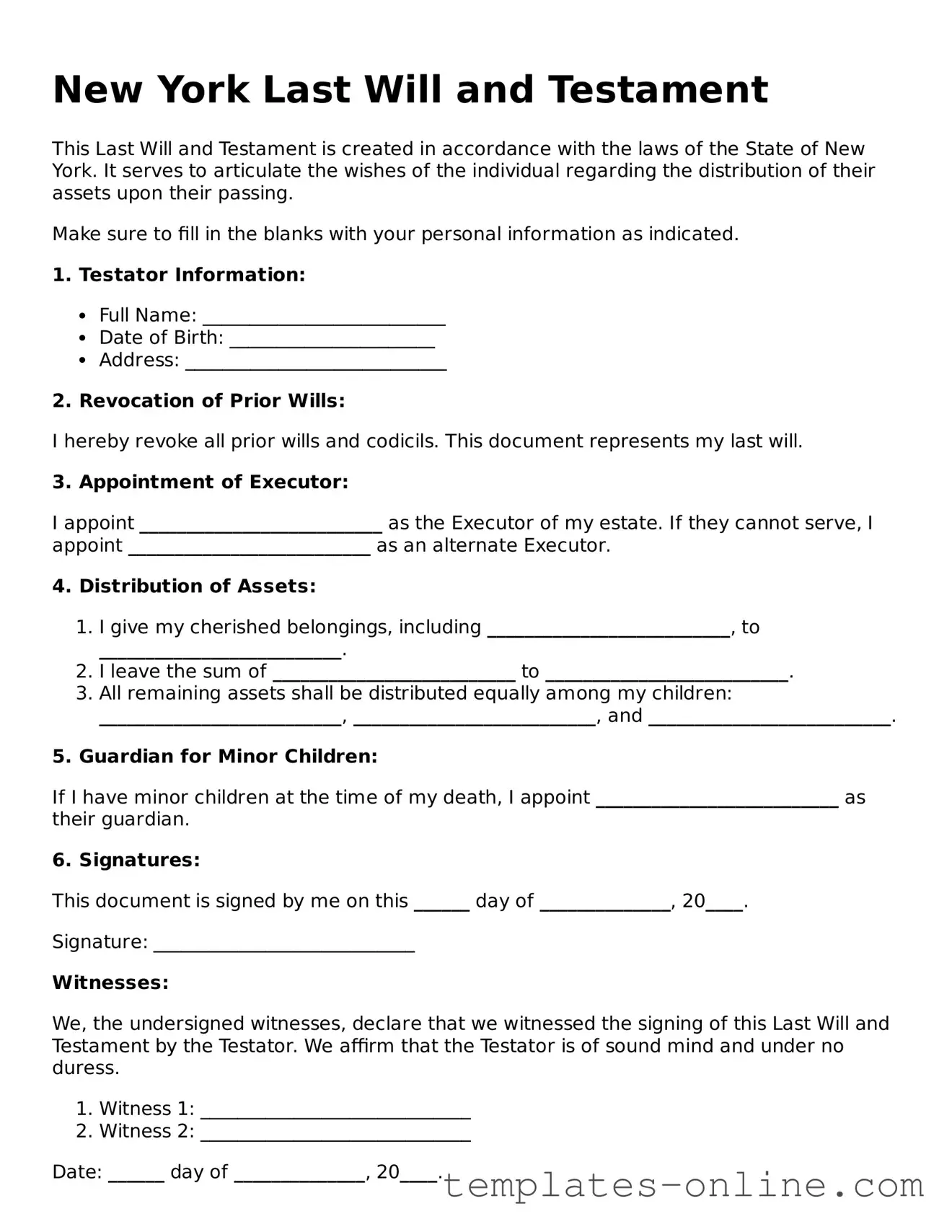 Valid  Last Will and Testament Template for New York