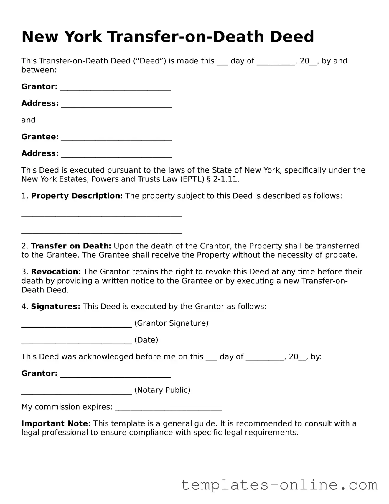 Valid  Transfer-on-Death Deed Template for New York