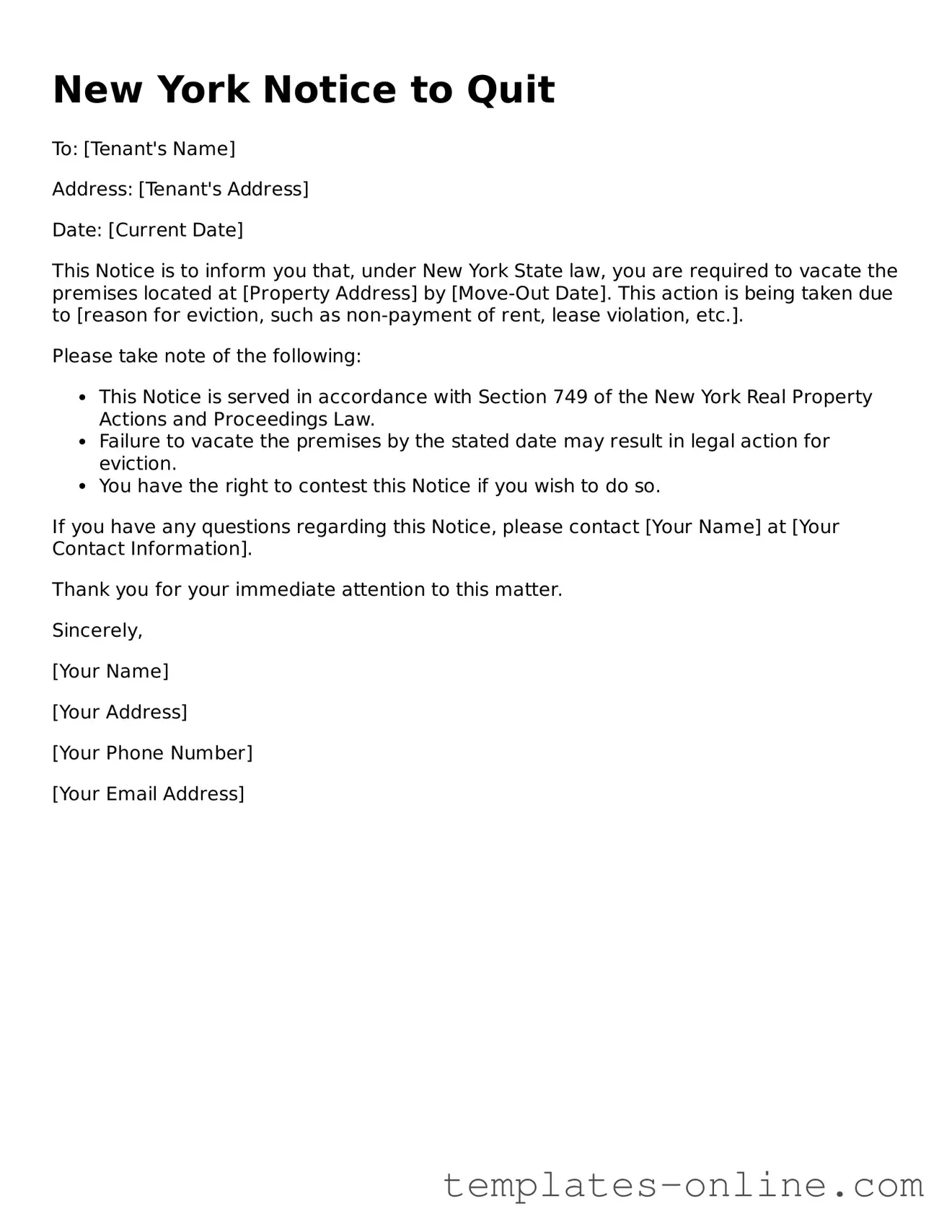 Valid  Notice to Quit Template for New York