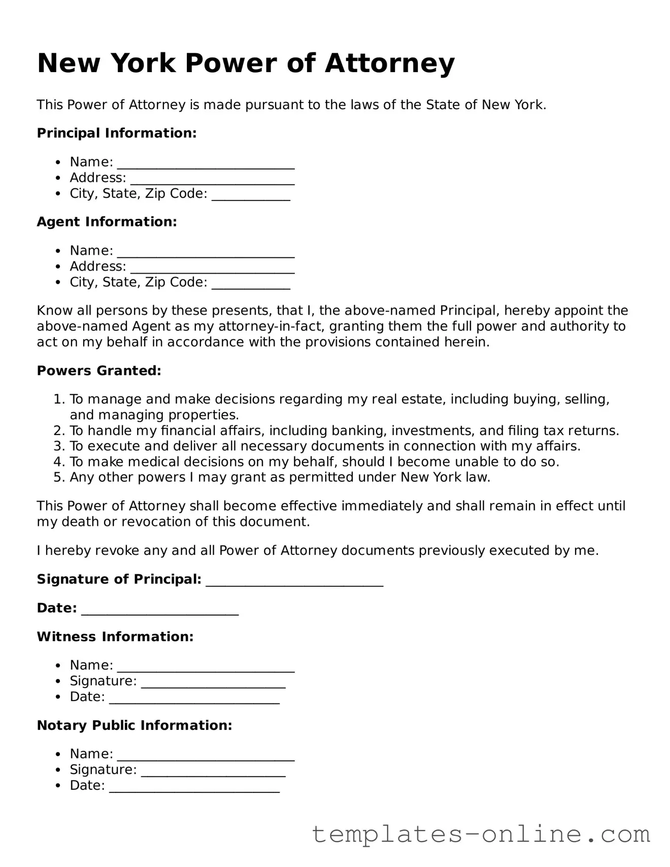 Valid  Power of Attorney Template for New York