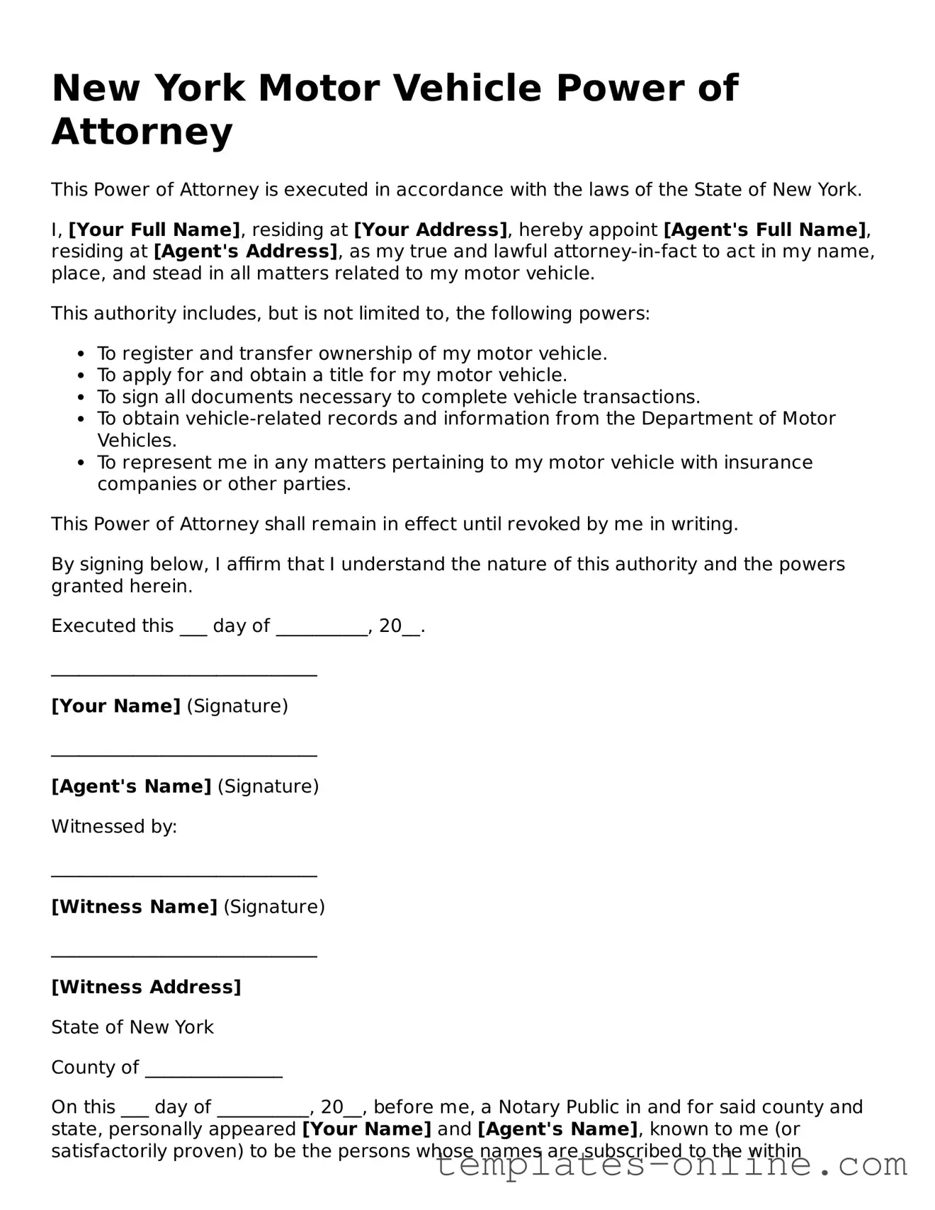 Valid  Motor Vehicle Power of Attorney Template for New York