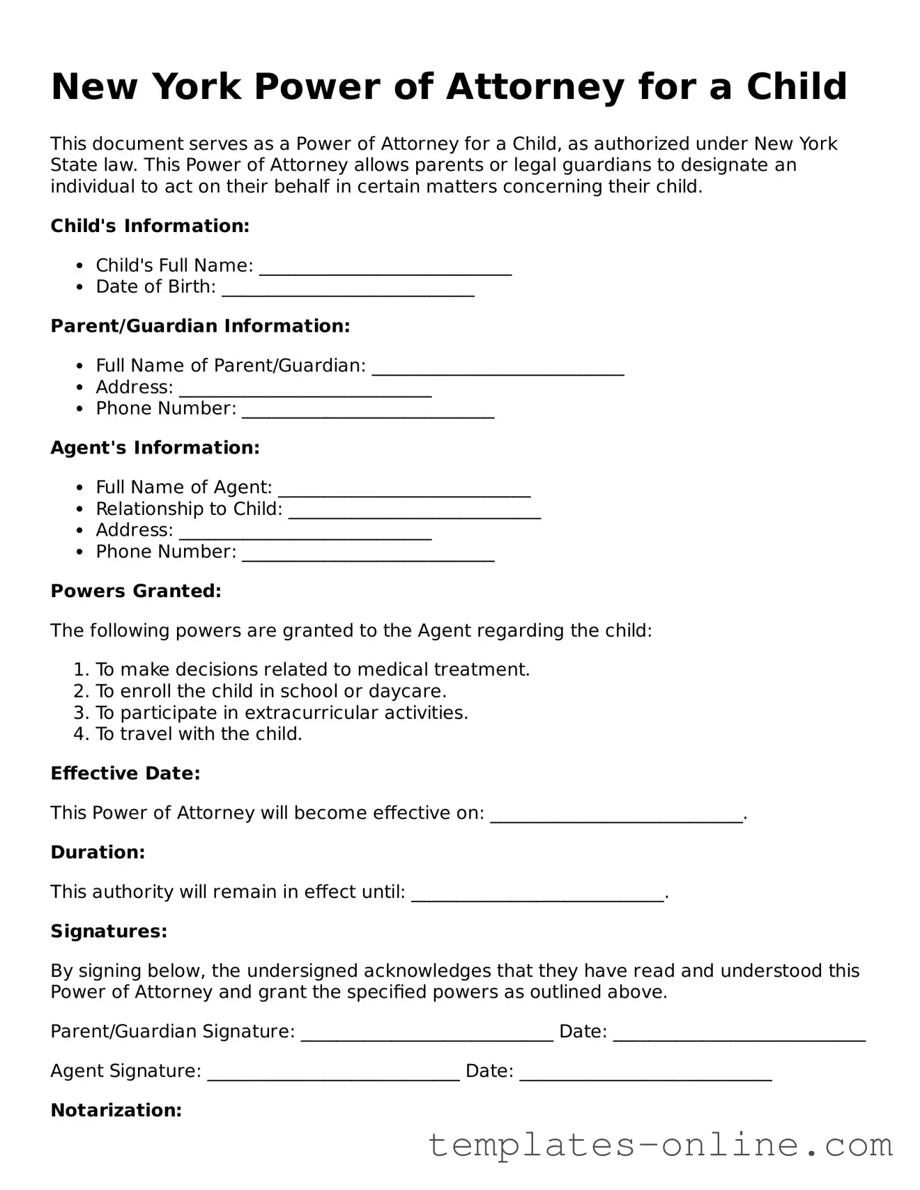 Valid  Power of Attorney for a Child Template for New York