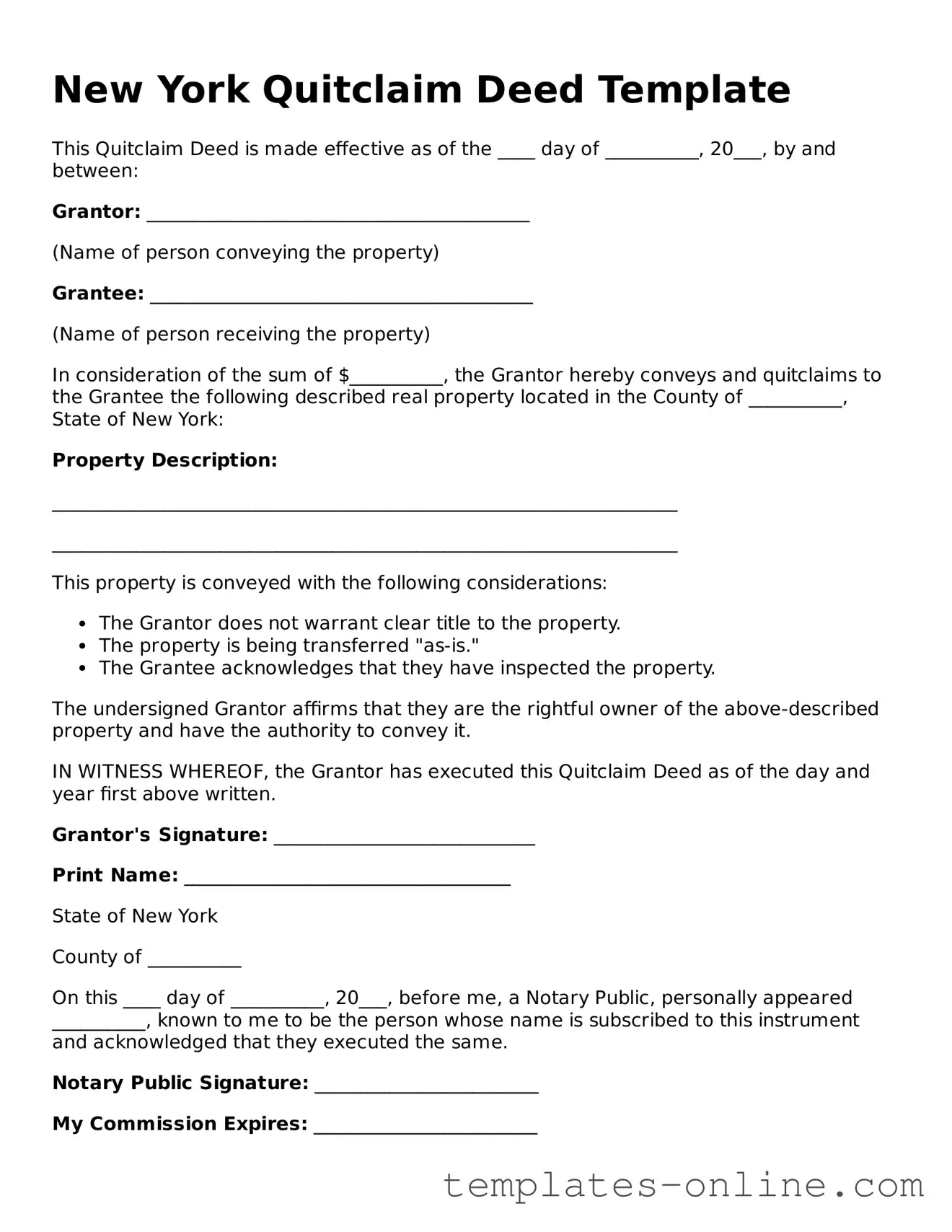 Valid  Quitclaim Deed Template for New York