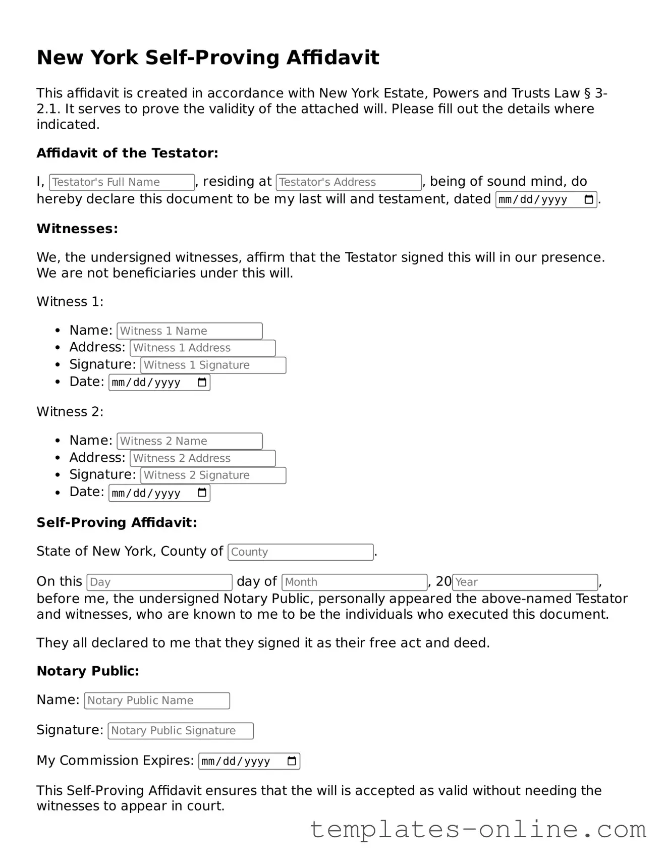Valid  Self-Proving Affidavit Template for New York