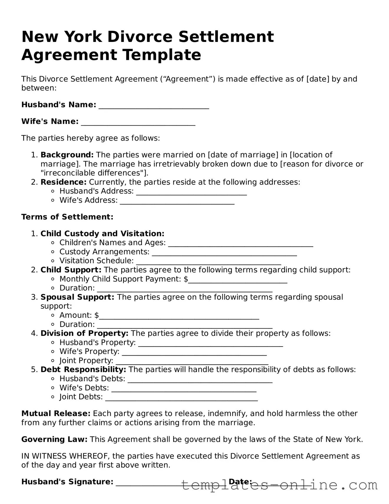 Valid  Divorce Settlement Agreement Template for New York