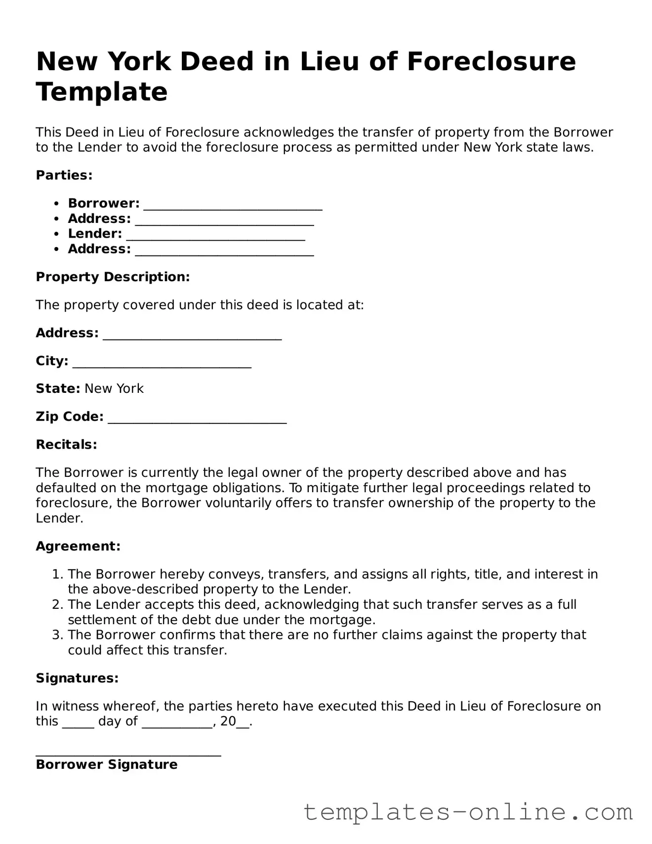 Valid  Deed in Lieu of Foreclosure Template for New York
