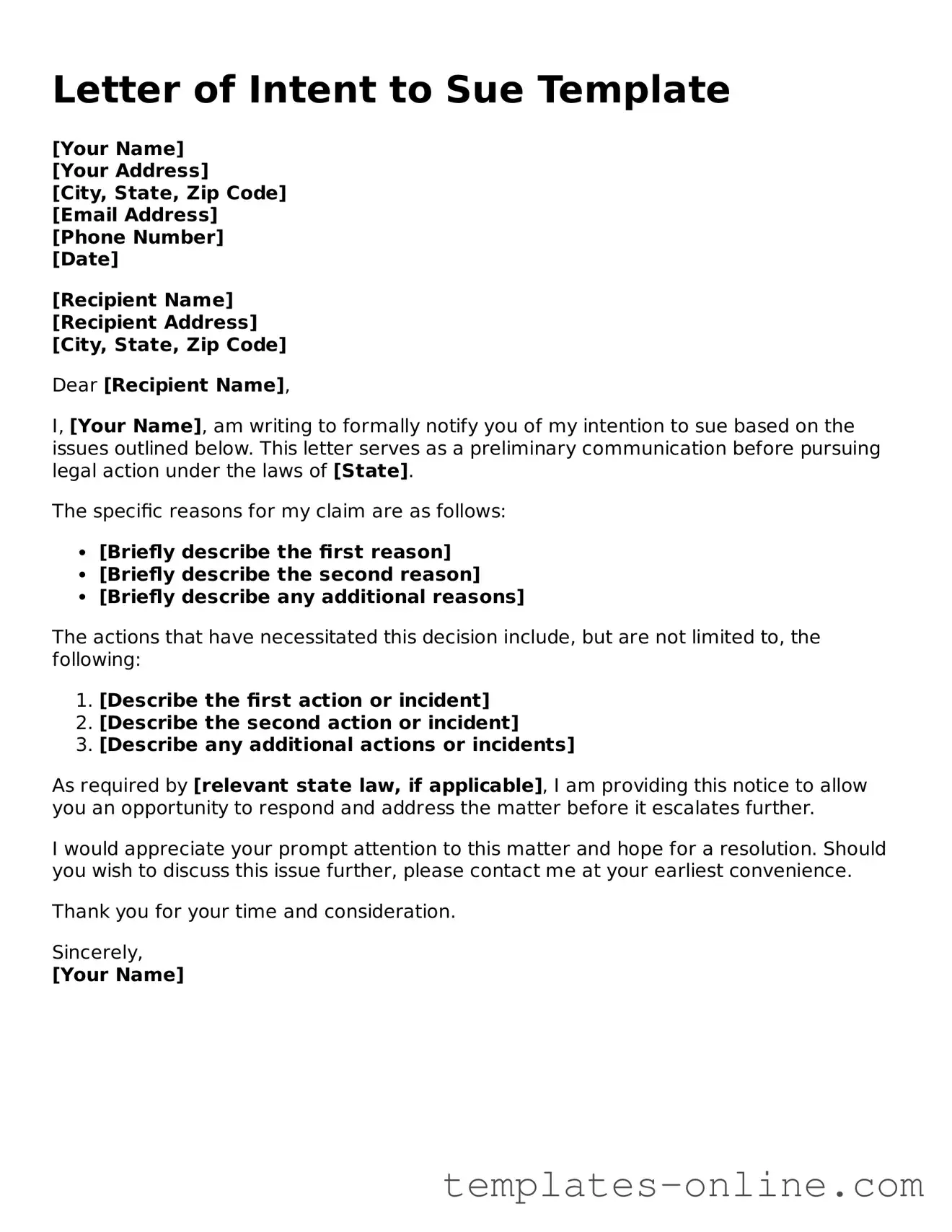 Attorney-Verified Letter of Intent to Sue Template