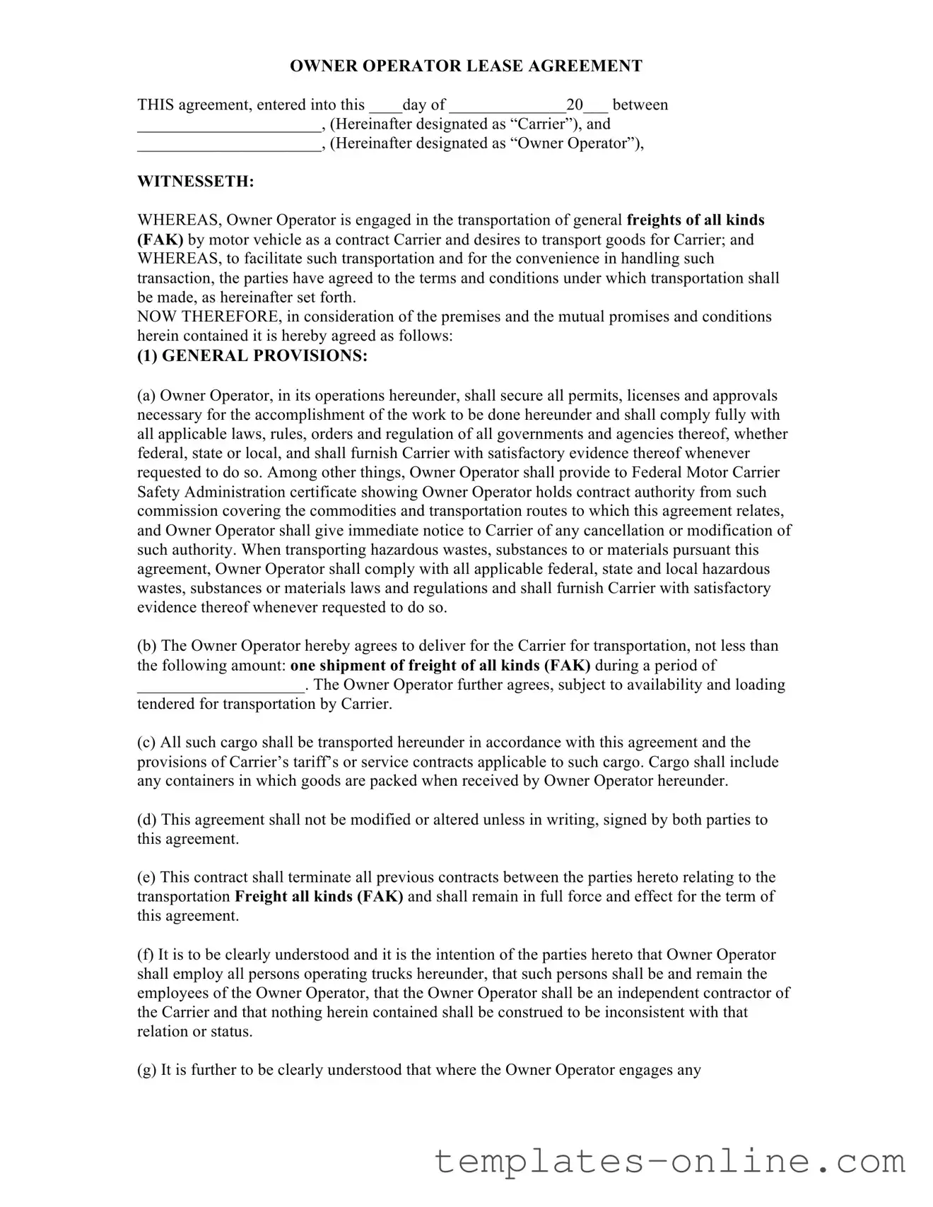 Owner Operator Lease Agreement Template