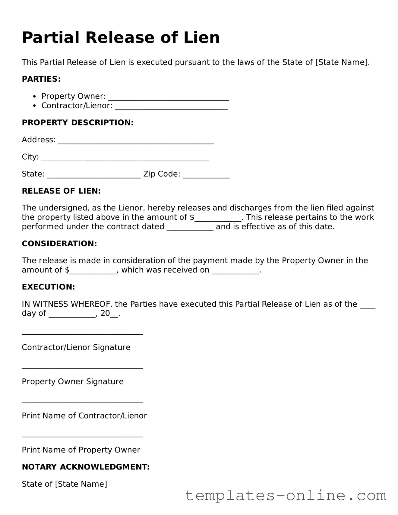 Attorney-Verified Partial Release of Lien Template