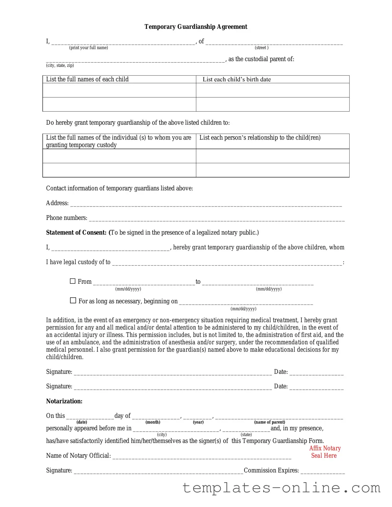 Temporary Custody Template