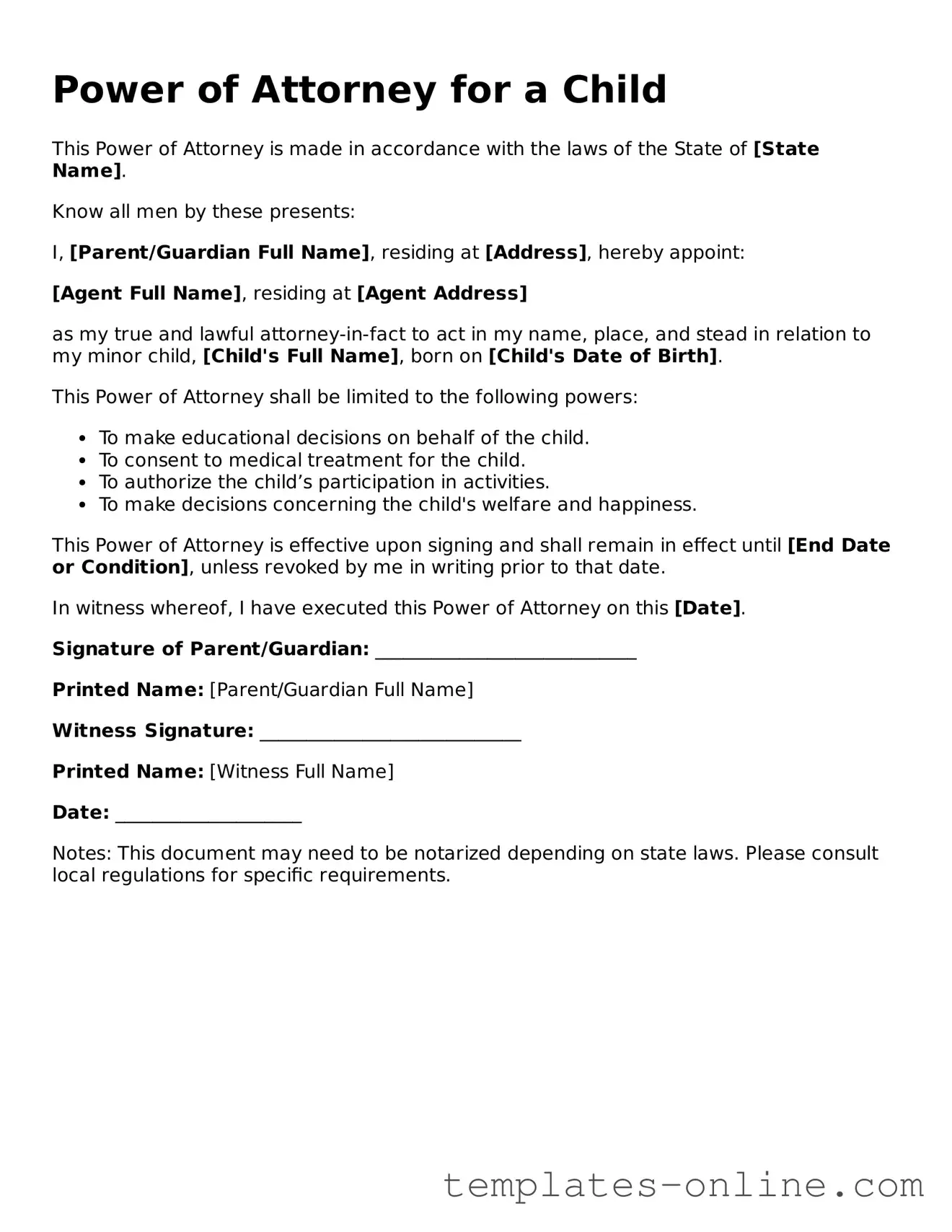 Attorney-Verified Power of Attorney for a Child Template