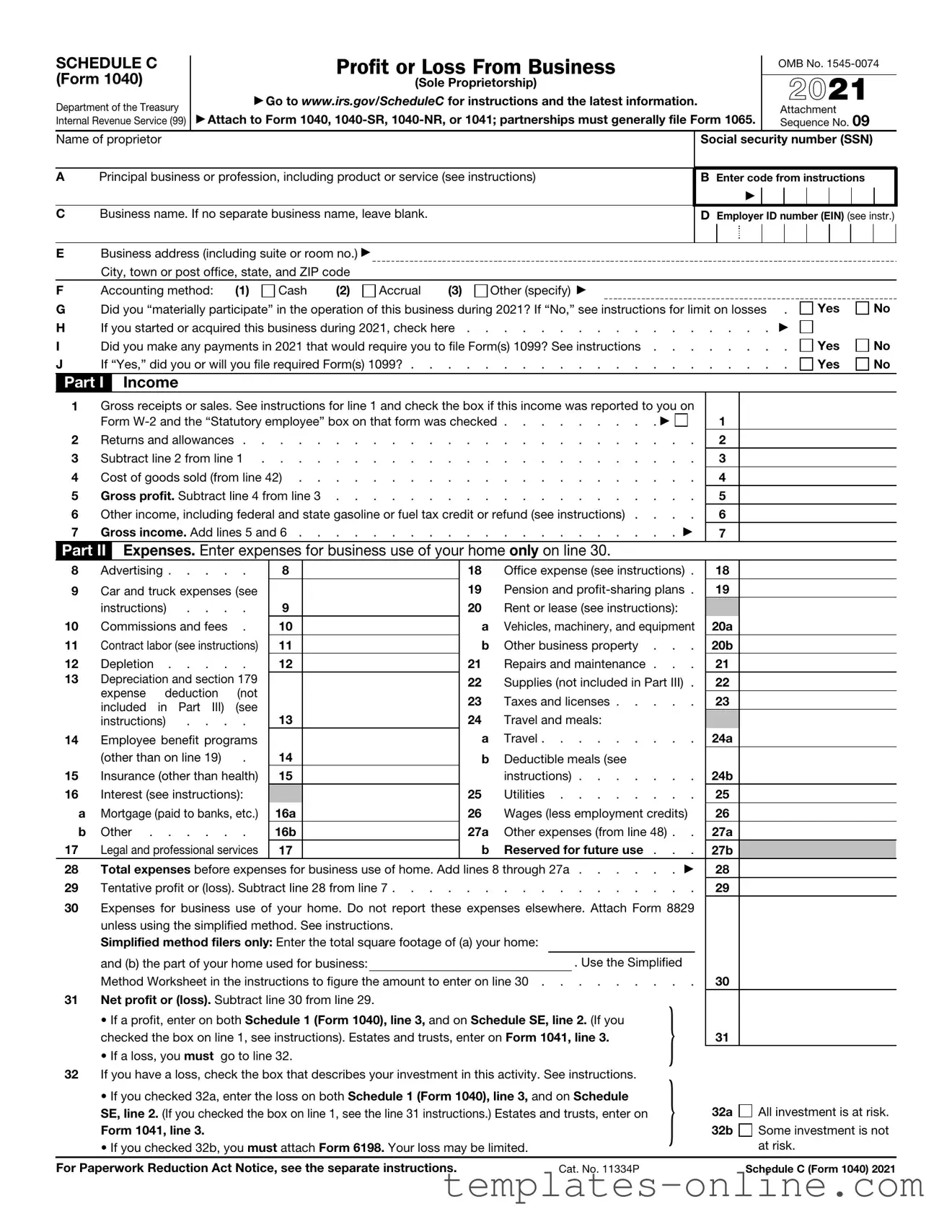 IRS Schedule C 1040 Template