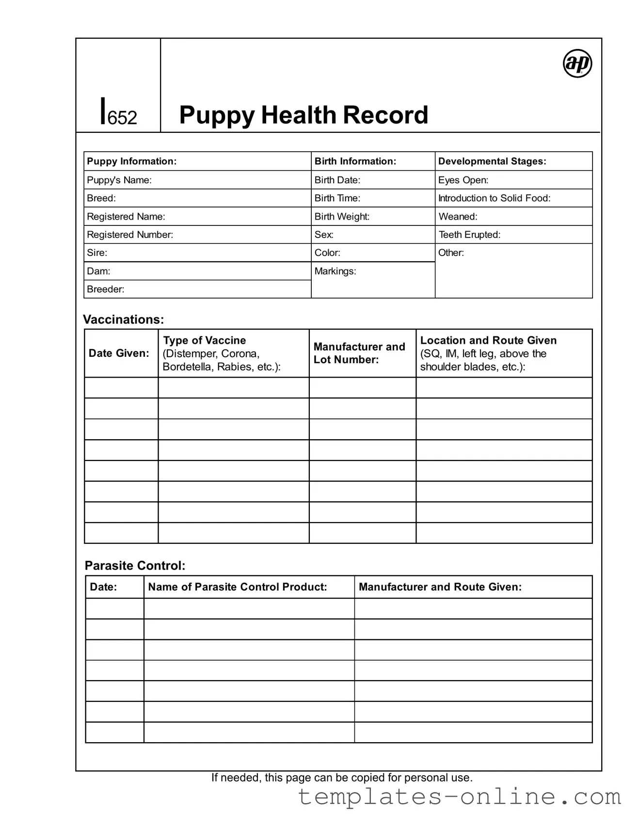 Puppy Health Record Template