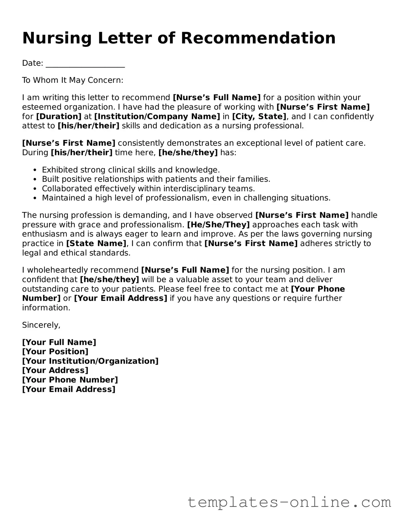Attorney-Verified Nursing Letter of Recommendation Template