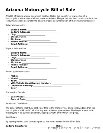 Valid  Motorcycle Bill of Sale Template for Arizona