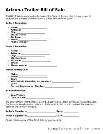 Valid  Trailer Bill of Sale Template for Arizona