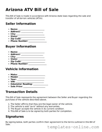 Valid  ATV Bill of Sale Template for Arizona