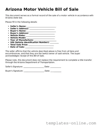 Valid  Motor Vehicle Bill of Sale Template for Arizona