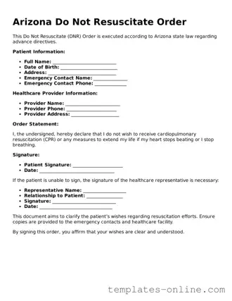 Valid  Do Not Resuscitate Order Template for Arizona