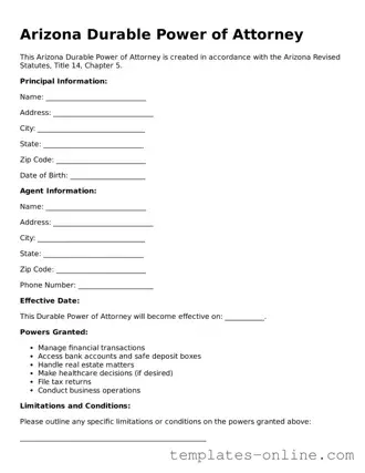 Valid  Durable Power of Attorney Template for Arizona