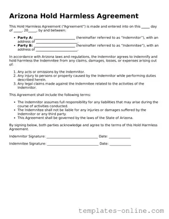 Valid  Hold Harmless Agreement Template for Arizona