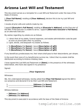 Valid  Last Will and Testament Template for Arizona