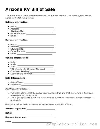 Valid  RV Bill of Sale Template for Arizona
