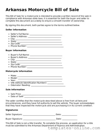Valid  Motorcycle Bill of Sale Template for Arkansas