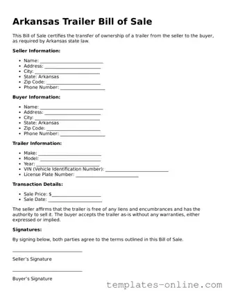 Valid  Trailer Bill of Sale Template for Arkansas
