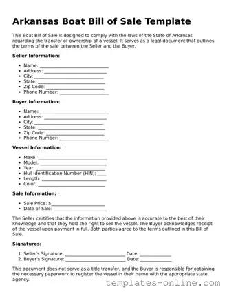 Valid  Boat Bill of Sale Template for Arkansas