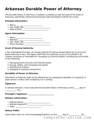 Valid  Durable Power of Attorney Template for Arkansas