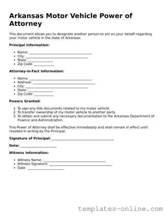 Valid  Motor Vehicle Power of Attorney Template for Arkansas