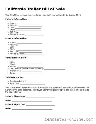 Valid  Trailer Bill of Sale Template for California