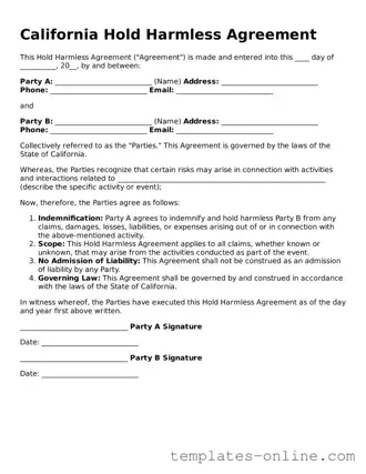 Valid  Hold Harmless Agreement Template for California