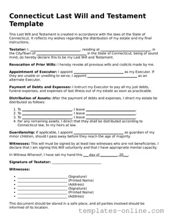 Valid  Last Will and Testament Template for Connecticut