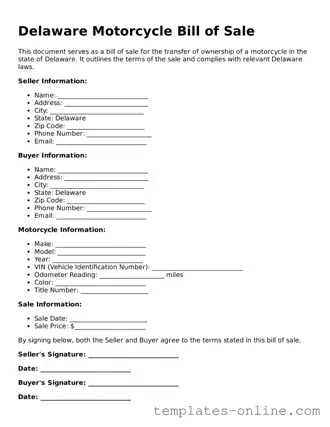Valid  Motorcycle Bill of Sale Template for Delaware