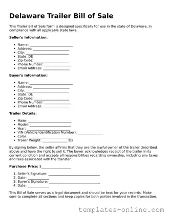 Valid  Trailer Bill of Sale Template for Delaware